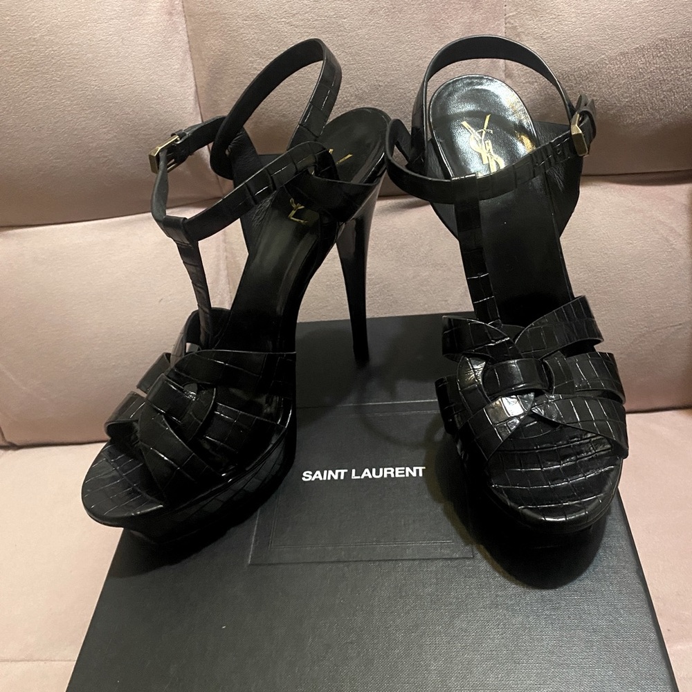 The YSL Black Tribute Patent Platform High Heels with Calfskin Pattern. Black 11